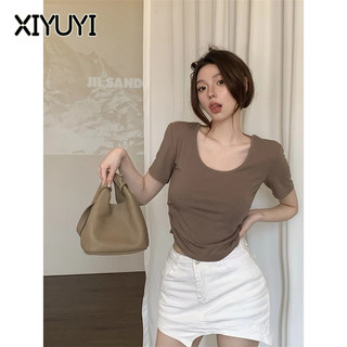 XIYUYI Áo Thun Tay Ngắn Cổ Chữ u Hở Lưng Quyến Rũ Cho Nữ