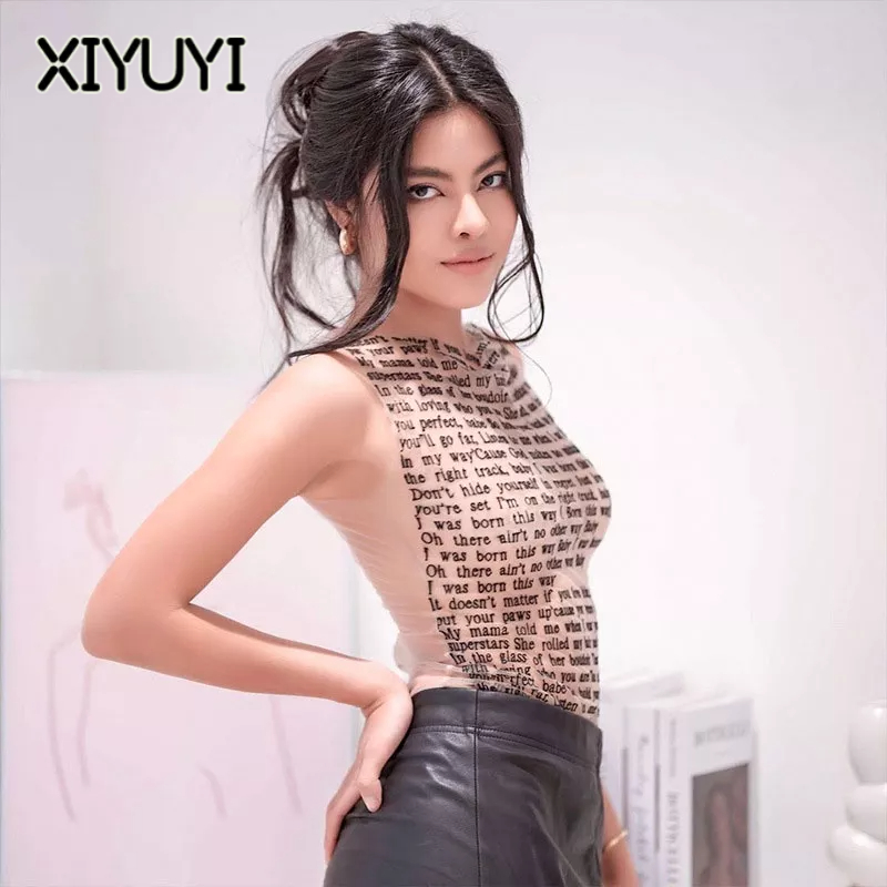 XIYUYI Áo Thun Sát Nách Cổ Tròn Dáng Ôm In Họa Tiết Phong Cách Âu Mỹ Thời Trang Cho Nữ