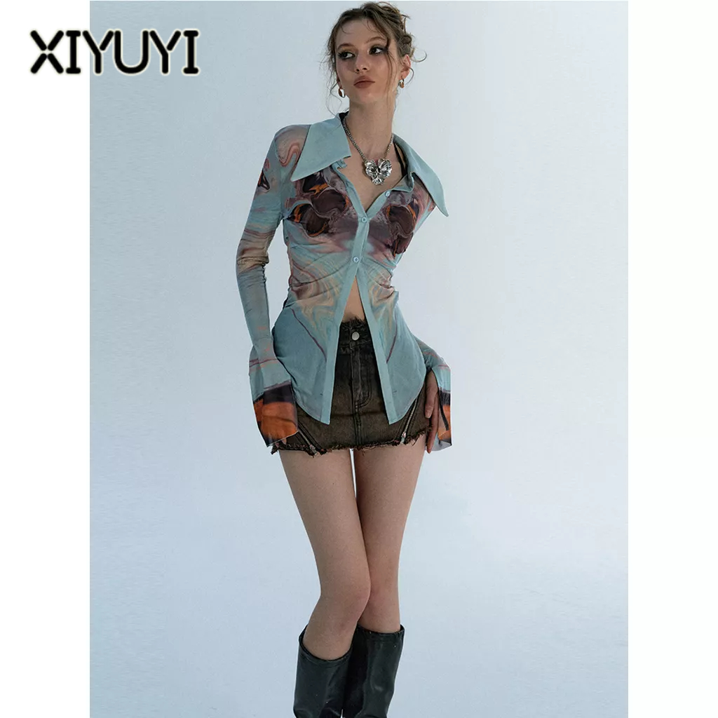 XIYUYI Áo Sơ Mi Lưới Co Giãn Chống Nắng In Họa Tiết Màu Tương Phản Cho Nữ