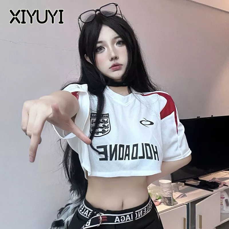 XIYUYI Áo Thun polo Tay Ngắn In Chữ Phong Cách Mỹ Thời Trang Quyến Rũ Cho Nữ
