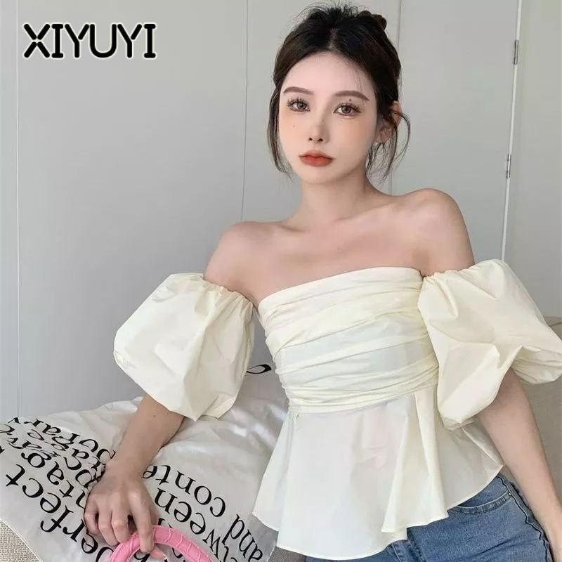 XIYUYI Áo Sơ Mi Ngắn Tay Trễ Vai Xếp Ly Ôm Dáng Phong Cách Pháp Thời Trang Cho Nữ