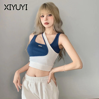 XIYUYI Áo Thun Không Tay Phối Màu Tương Phản Phong Cách Thể Thao Thời Trang Cho Nữ