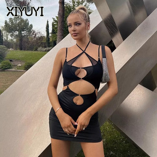 XIYUYI Đầm Hai Dây Hở Lưng Màu Trơn Ôm Dáng Eo Cao Gợi Cảm Thời Trang Cho Nữ