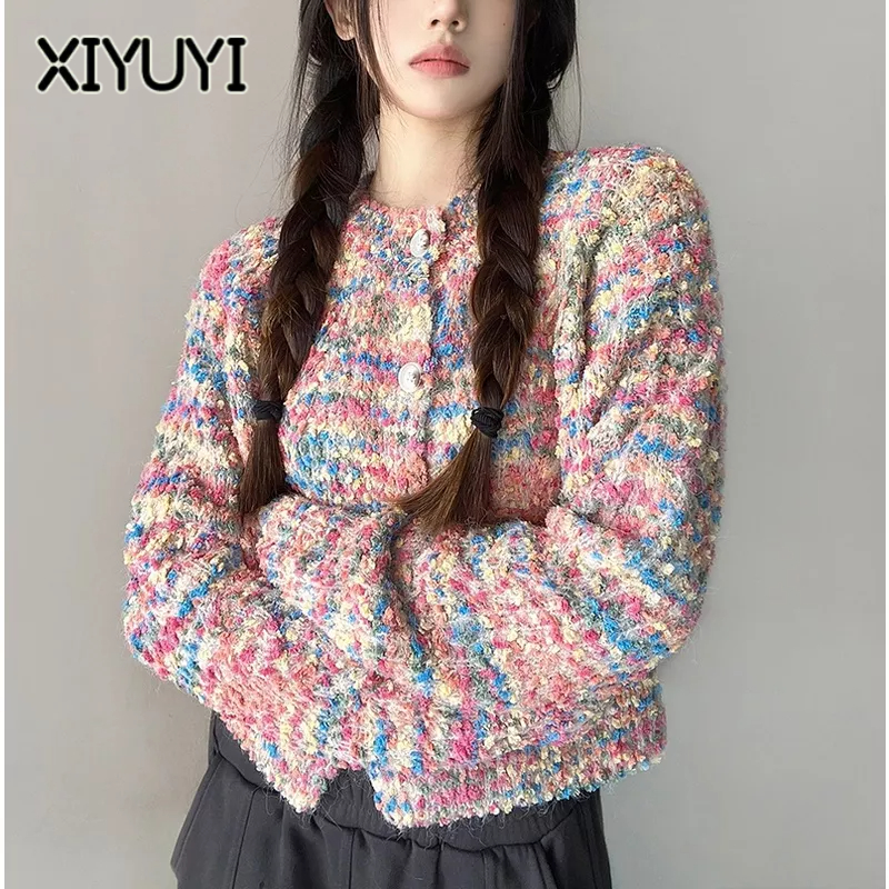 Áo khoác cardigan XIYUYI dệt kim cổ tròn phối màu cầu vồng xinh xắn cho nữ