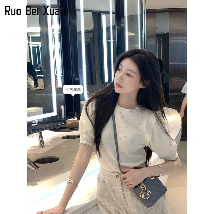 Ruo Bei Xuan Áo Thun Dệt Kim Tay Ngắn Phong Cách Hàn Quốc Thời Trang Mùa Hè Xinh Xắn Cho Nữ