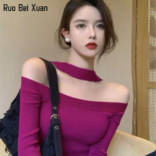 Ruo Bei  Xuan   Áo sweater Dệt Kim Trễ Vai Dài Tay Dáng Ôm Thời Trang Thu Đông Dành Cho Nữ