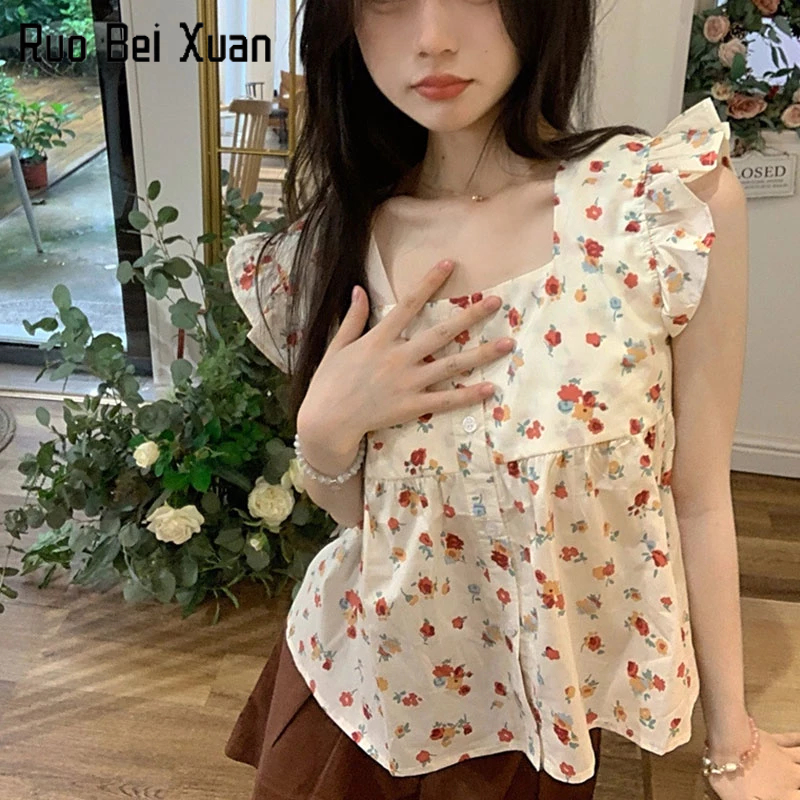 Áo Ruo Bei Xuan họa tiết hoa phong cách Pháp ngọt ngào thời trang mùa hè dành cho nữ