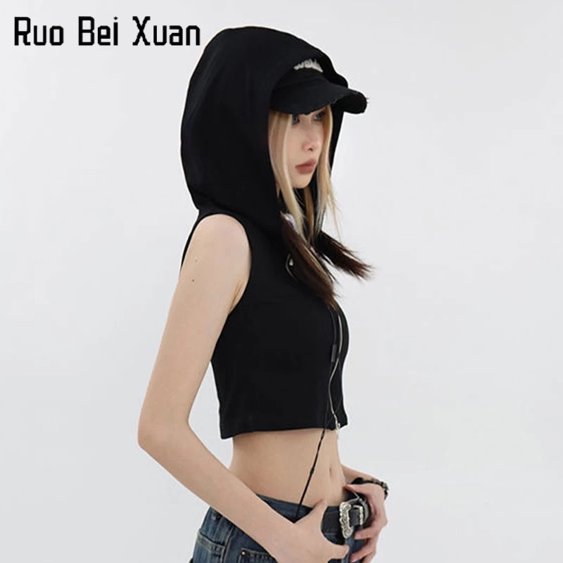 Áo thun Ruo Bei Xuan có mũ trùm đầu không tay phong cách đường phố thời trang mùa hè dành cho nữ