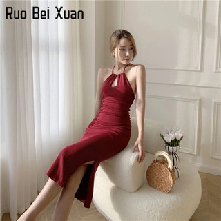 Đầm dài Ruo Bei Xuan hai dây ôm dáng xẻ tà phong cách Pháp gợi cảm