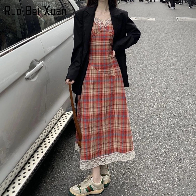Ruo Bei Xuan Đầm Hai Dây Cổ Chữ v Eo Cao Phối Ren Màu Đỏ Sọc Ca Rô Phong Cách Pháp Thời Trang Mùa Hè