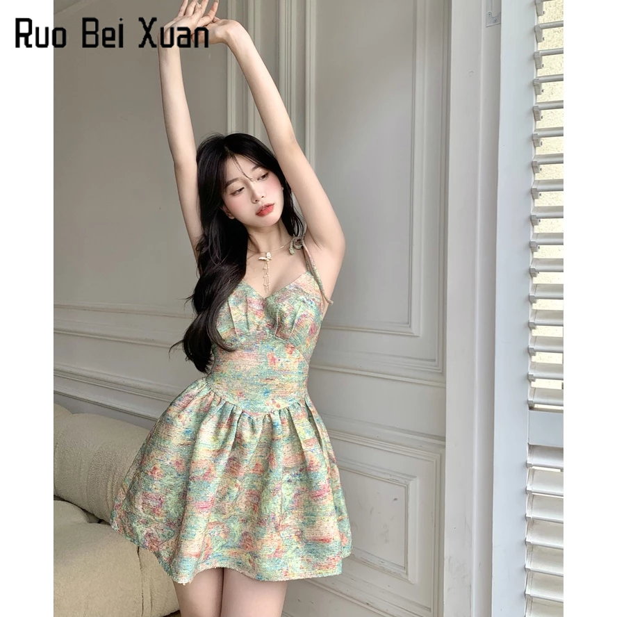 Ruo Bei Xuan Đầm Hai Dây Ngắn Nhẹ Nhàng Quyến Rũ Màu Trơn Họa Tiết Hoa Xinh Xắn Cho Nữ