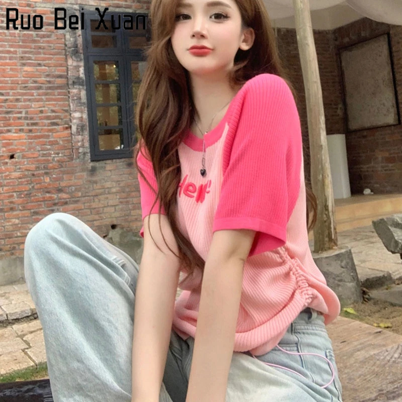 Áo Ruo Bei Xuan cổ tròn phối dây rút in họa tiết phong cách Nhật Bản thời trang 2023 cho nữ
