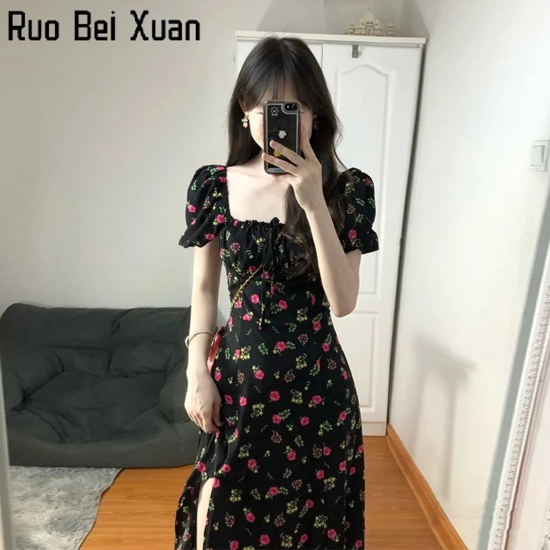 Ruo Bei Xuan Đầm Tay Phồng Cổ Vuông Họa Tiết Hoa Nhỏ Màu Đen Thời Trang Mùa Hè Dễ Phối Đồ Phong Cách Pháp Cho Nữ