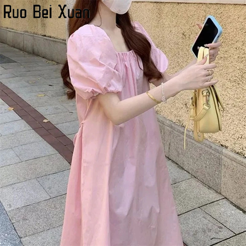 Đầm Ruo Bei Xuan dáng rộng cổ vuông màu trơn phong cách Pháp cổ điển thời trang mùa hè dành cho nữ