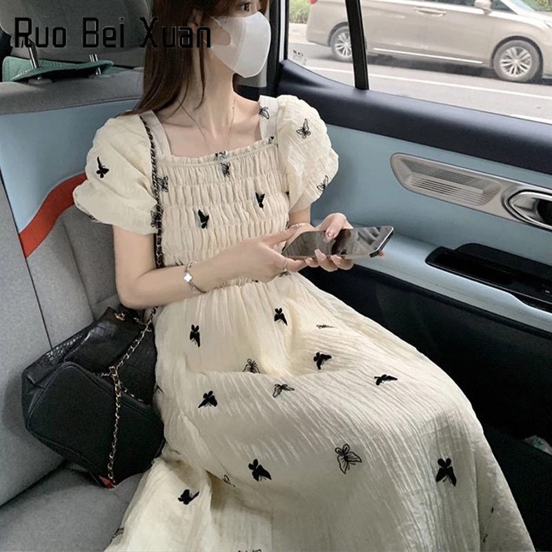Đầm hoa Ruo Bei Xuan cổ vuông ôm eo in họa tiết hoa bướm phong cách Hàn Quốc thời trang 2023 cho nữ