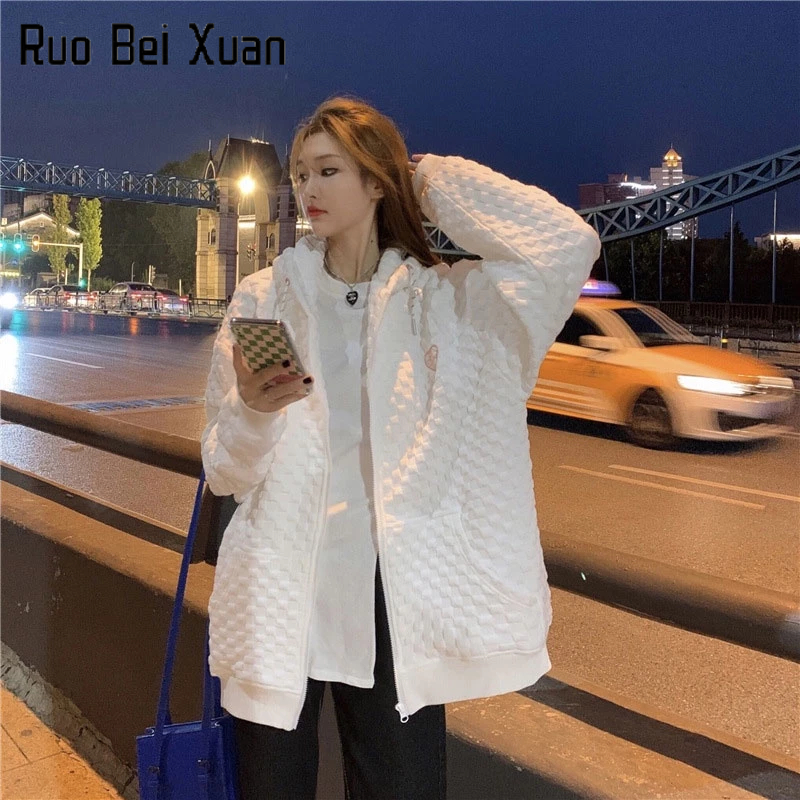 Ruo Bei Xuan Áo Khoác cardigan Có Mũ Trùm Phối Khóa Kéo Phong Cách Hàn Quốc Mới Mùa Thu Cho Nữ