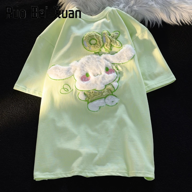 Áo thun Ruo Bei Xuan tay ngắn cổ tròn dáng rộng in họa tiết hoạt hình phong cách Hàn Quốc thời trang mùa hè cho nữ