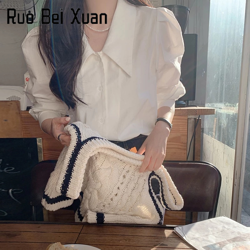 Ruo Bei Xuan Áo Sơ Mi Trắng Tay Dài Phồng Cổ Điển Đơn Giản Kiểu Pháp Cho Nữ