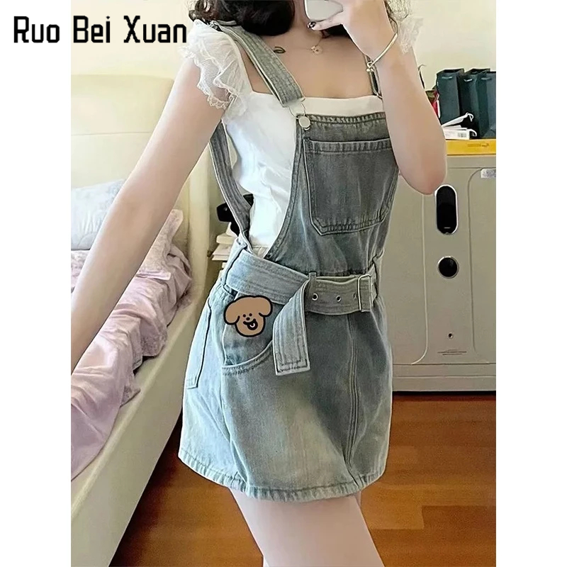 Đầm yếm Ruo Bei Xuan denim lưng cao dáng ôm phong cách cổ điển thời trang mùa hè cho nữ