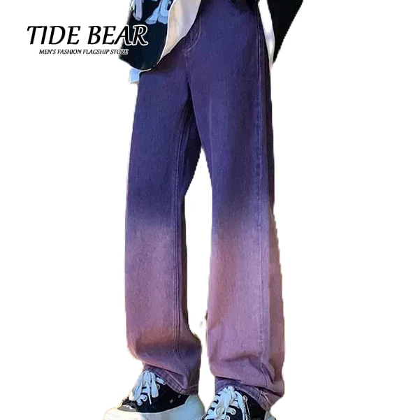 Quần jean nam tide bear phong cách mỹ thiết kế đường phố chiên màu tím gradient quần ống thẳng đường phố cao cấp