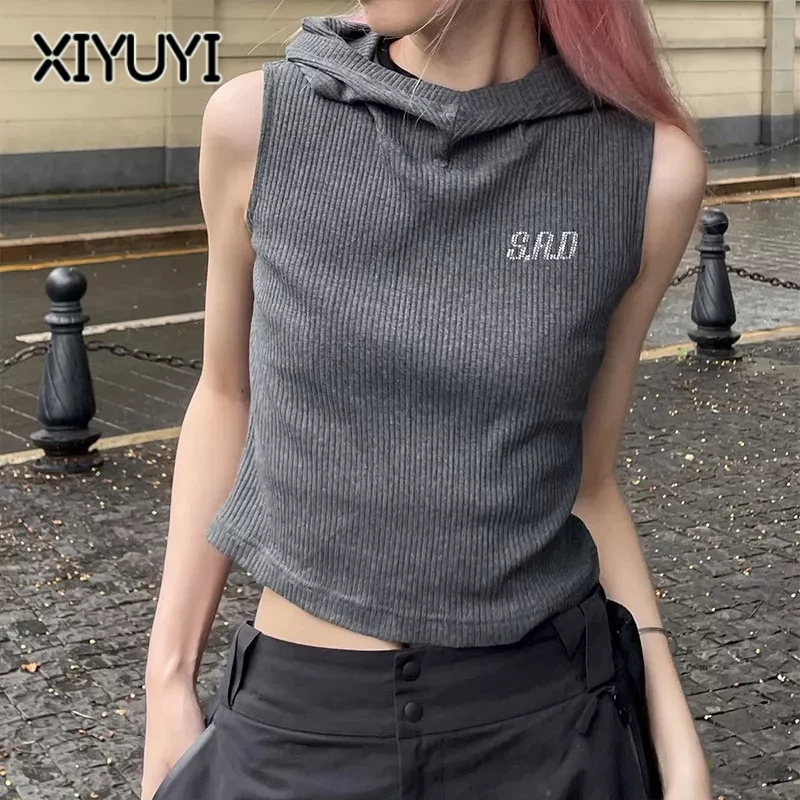 XIYUYI Áo Hoodie Không Tay In Chữ Đính Đá Phong Cách Đường Phố vintage Dành Cho Nữ