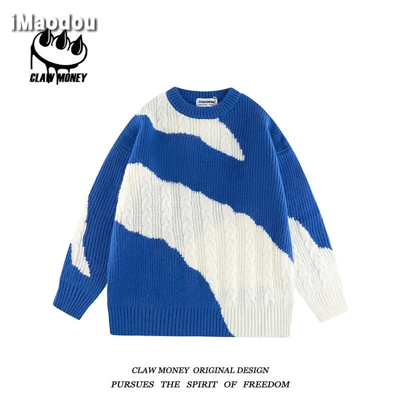 IMaodou Áo sweater Cổ Tròn Dáng Rộng Màu Sắc Tương Phản Phong Cách retro Dành Cho Nam Giới