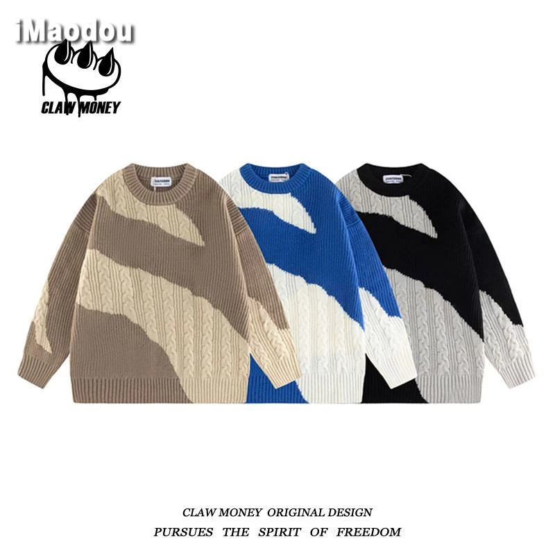IMaodou Áo sweater Cổ Tròn Dáng Rộng Màu Sắc Tương Phản Phong Cách retro Dành Cho Nam Giới