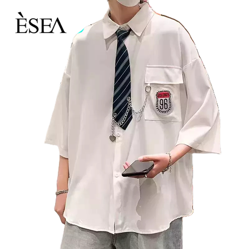 ESEA Áo Sơ Mi Dáng Rộng Phối Cà Vạt Thời Trang retro Nhật Hàn Cho Nam Nữ
