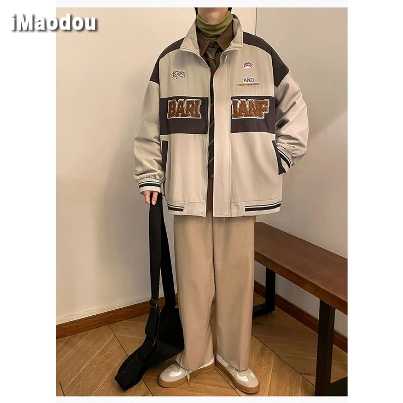 IMaodou Áo Khoác Bóng Chày Cổ Bẻ Màu Sắc Tương Phản Phong Cách retro Mỹ Cho Nam Giới