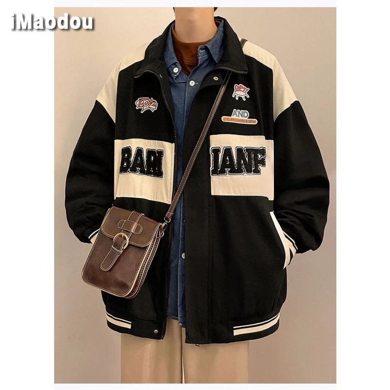 IMaodou Áo Khoác Bóng Chày Cổ Bẻ Màu Sắc Tương Phản Phong Cách retro Mỹ Cho Nam Giới