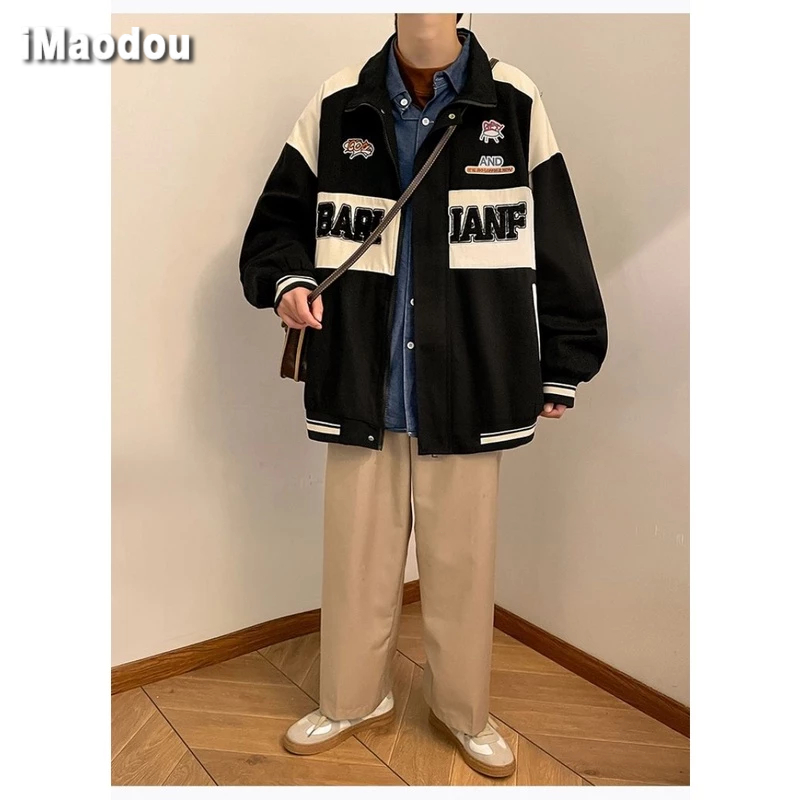 IMaodou Áo Khoác Bóng Chày Cổ Bẻ Màu Sắc Tương Phản Phong Cách retro Mỹ Cho Nam Giới