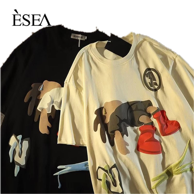 Áo thun nam cotton ESEA cổ tròn tay ngắn dáng rộng in hình hoạt hình Mỹ phong cách Hồng Kông