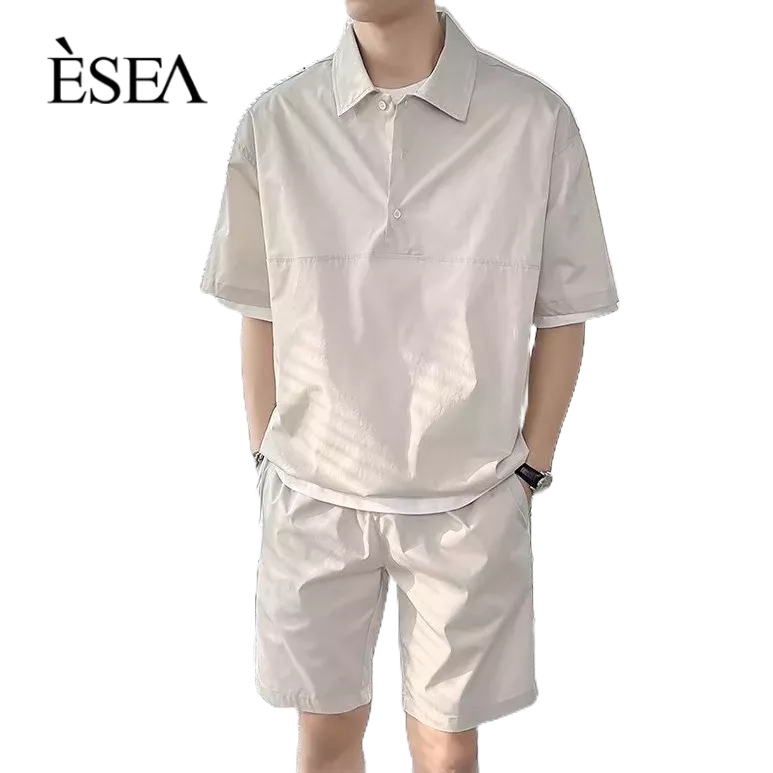 ESEA Bộ Áo Thun Polo Ngắn Tay + Quần short Dáng Rộng Màu Trơn Phong Cách Hàn Quốc Đơn Giản Thời Trang Cho Nam Và Nữ