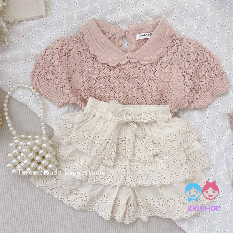 Bộ Áo Dệt Kim Cổ Búp Bê + Chân Váy Tầng Rỗng Kiểu Công Chúa Thời Trang Xuân Hè Cho Bé Gái