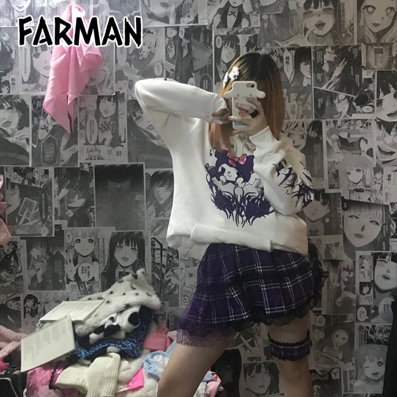 Farman áo len nam có mũ trùm đầu mùa thu và mùa đông nhật bản in hoạt hình retro lỏng lẻo bf cộng với nhung dày xu hướng sinh viên mẫu cặp đôi