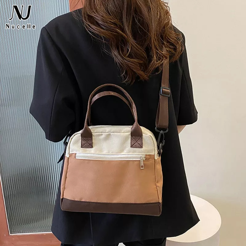 NUCELLE Túi Đeo Vai Vải canvas Cỡ Lớn Phối Màu Tương Phản Thời Trang Cao Cấp Phong Cách Hàn Quốc