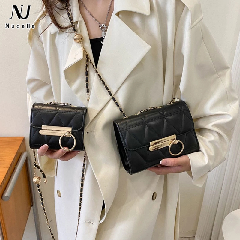 NUCELLE Túi Đeo Chéo Da PU Dáng Vuông Nhỏ Màu Trơn Đính Quả Bóng Vàng Thời Trang Cao Cấp Phong Cách Hồng Kông Cổ Điển