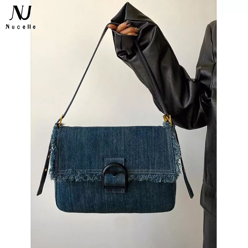 NUCELLE Túi đeo dưới cánh tay Chất Liệu denim Cao Cấp Thời Trang Theo Phong Cách Hồng Kông