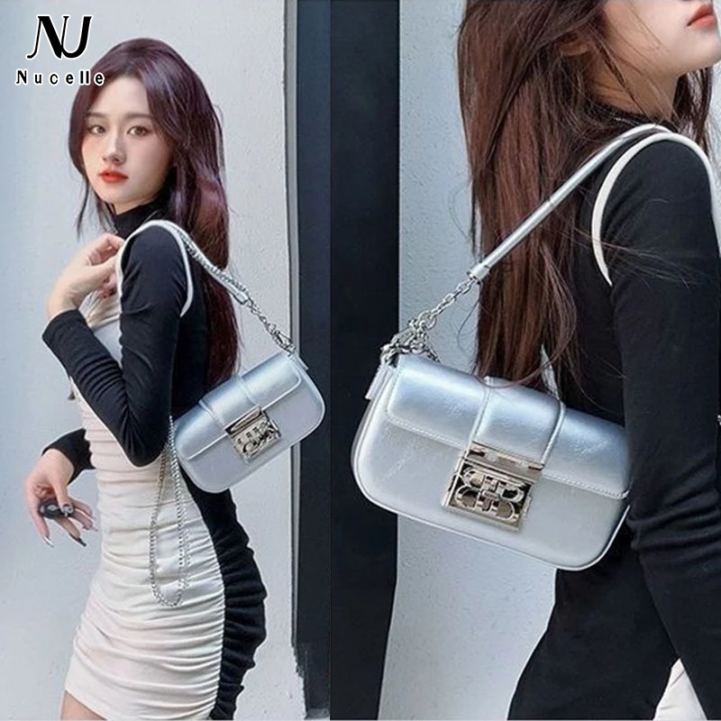 Túi xách đeo vai NUCELLE màu bạc kim loại thời trang mới cho nữ