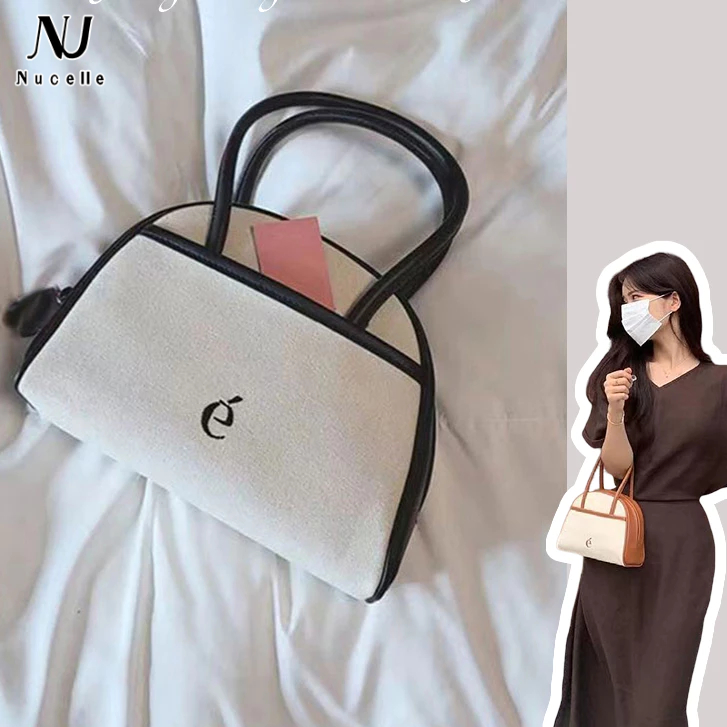 Nucelle Túi Vải canvas Phối Da Nhỏ Xinh Phối Màu Cá Tính Thời Trang Hàn Quốc