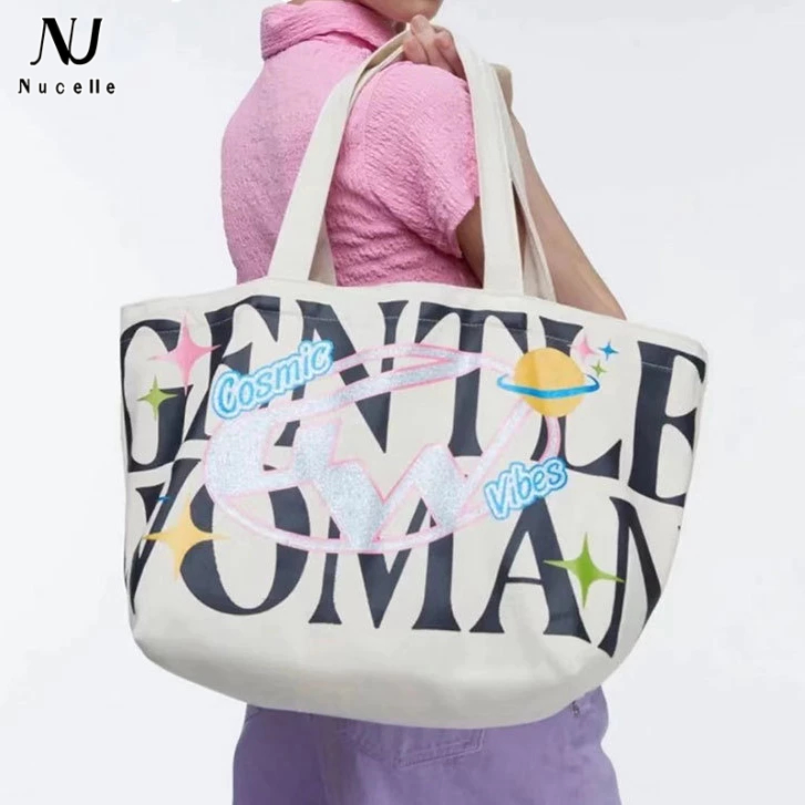 Nucelle Túi Xách canvas In Chữ Phong Cách retro Cho Nữ