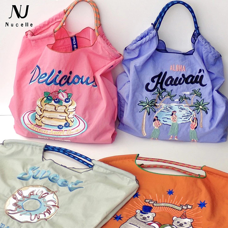 Nucelle Túi Xách Mua Sắm nylon Thêu Họa Tiết Phong Cách Nhật Bản Thân Thiện Với Môi Trường