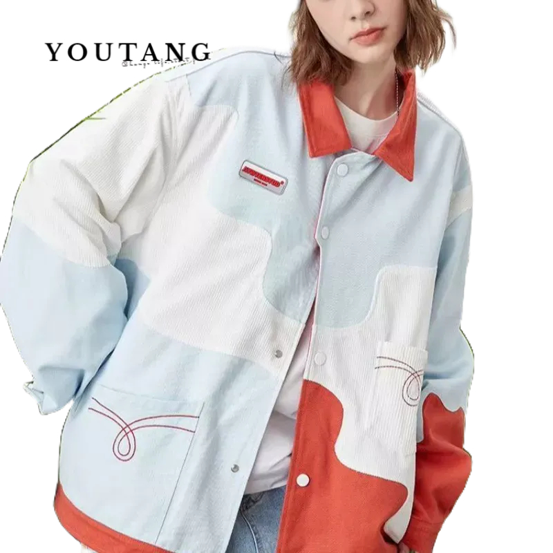 YOUTANG Áo Khoác Dáng Rộng Phối Màu Tương Phản Thời Trang Đường Phố Mỹ Cho Nam Và Nữ