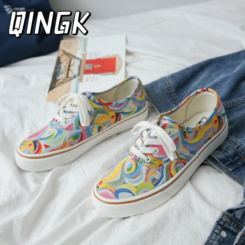 Giày Thể Thao Canvas Họa Tiết Graffiti Cầu Vồng Thời Trang Mùa Hè Hàn Quốc Dành Cho Nữ