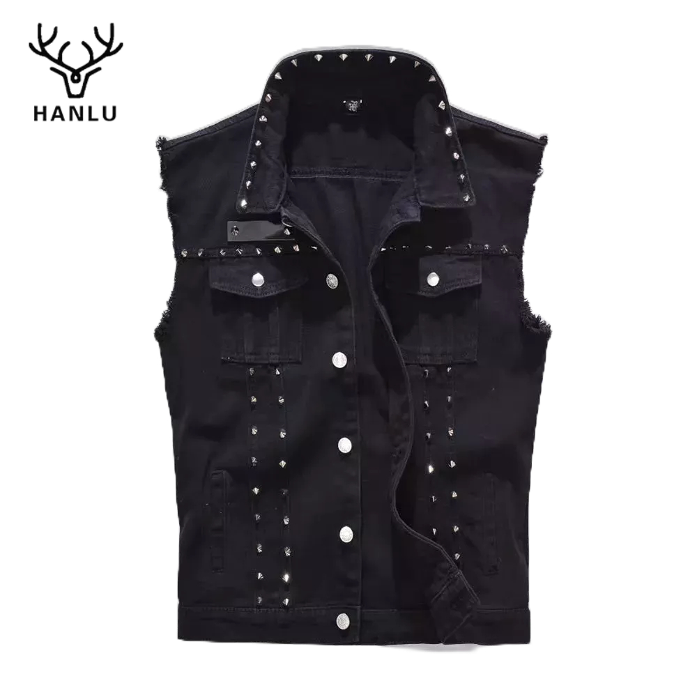 Áo Khoác denim Không Tay Đính Đinh Tán Phong Cách Hàn Quốc Cho Nam
