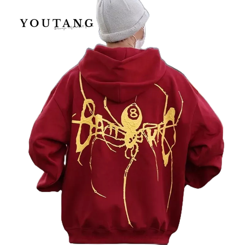 YOUTANG Áo Hoodie Dáng Rộng In Hình Nhện Phối Khóa Kéo Phong Cách hip hop Đường Phố Mỹ Cho Cặp Đôi