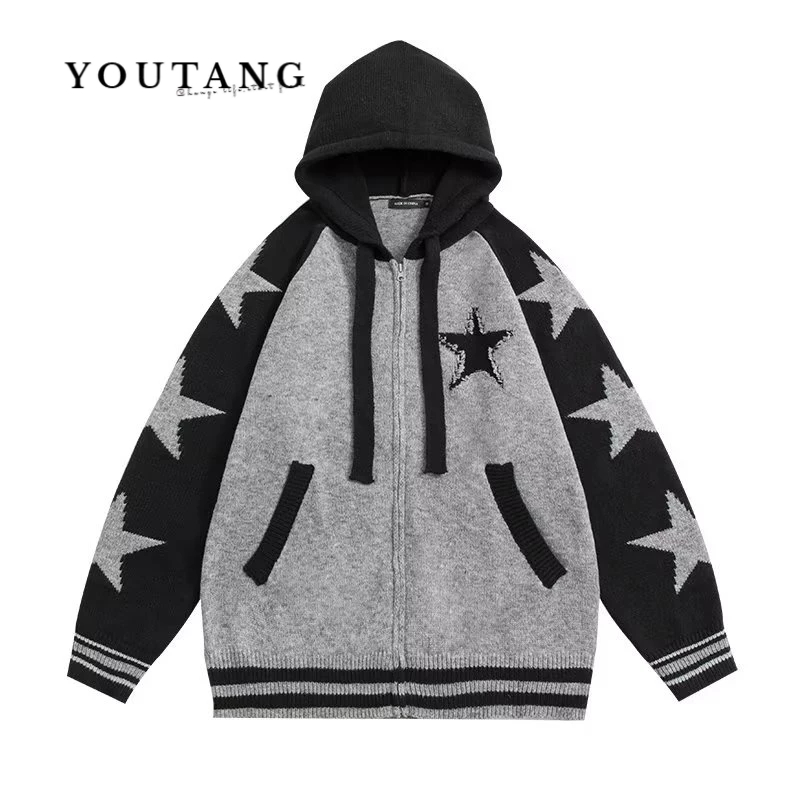 Áo Hoodie Dệt Kim Dáng Rộng In Hình Ngôi Sao Màu Tương Phản Kiểu harajuku Nhật Bản Thời Trang Thu Đông