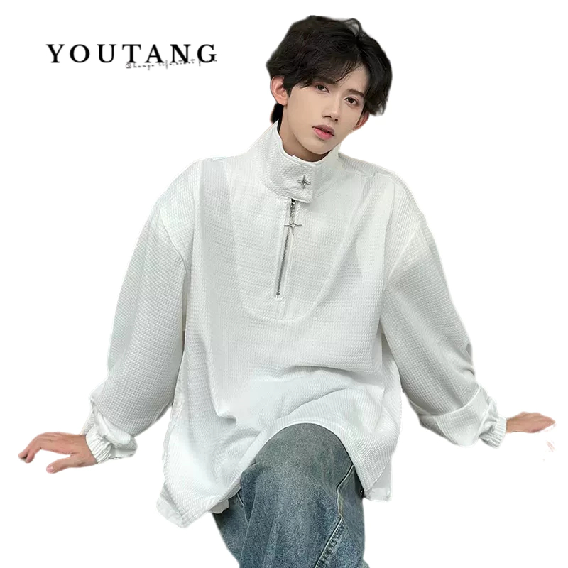 Youtang Áo Sweater Cổ Polo Có Khóa Kim Loại Nửa Hình Waffle Phong Cách Mỹ Cho Nam