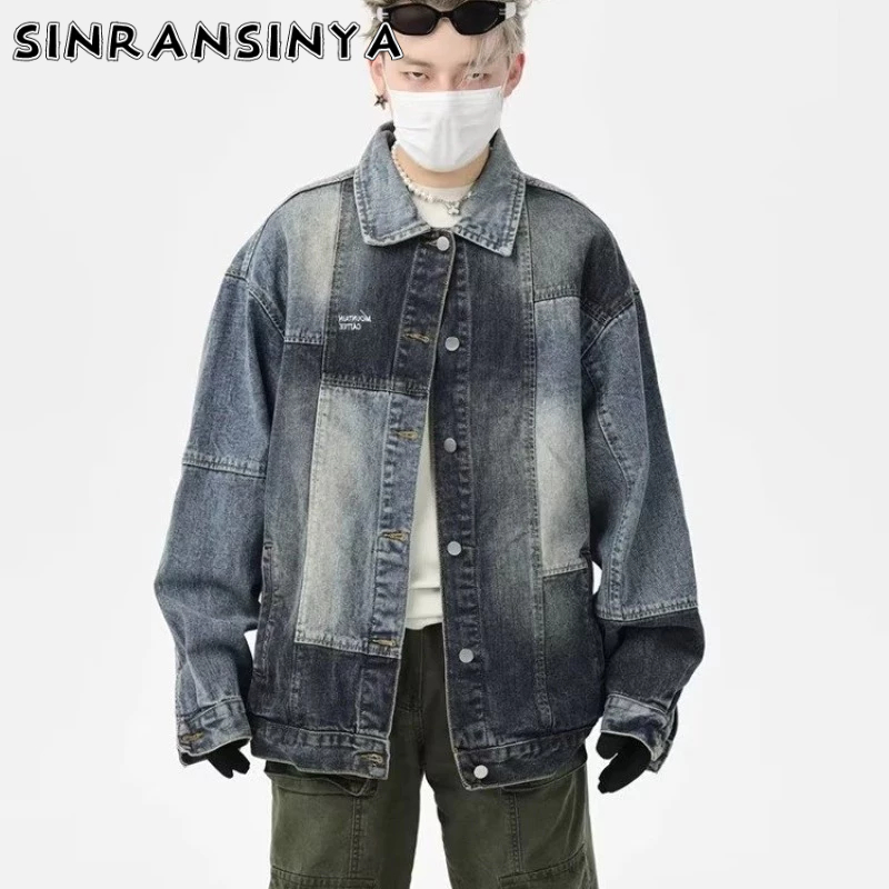 Sinransinya Áo Khoác denim Dáng Rộng Màu Tương Phản Phong Cách retro Đường Phố Mỹ Cho Nam