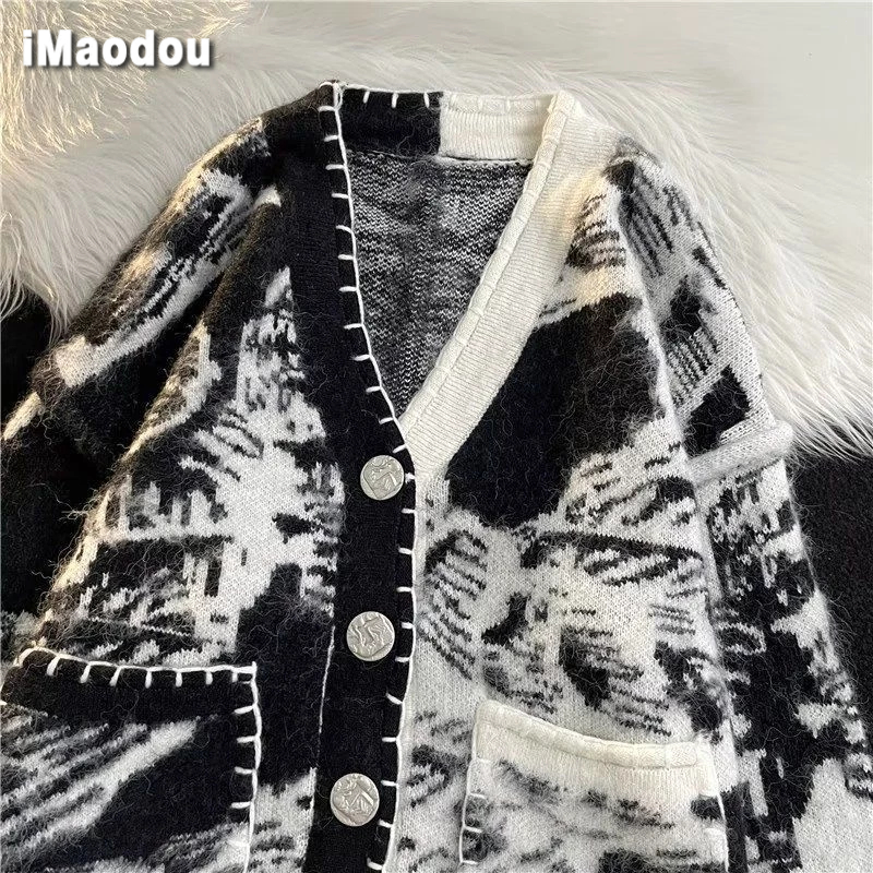 Áo khoác cardigan IMAODOU dệt kim phong cách đường phố Nhật Bản cổ điển thời trang thu đông dành cho nam